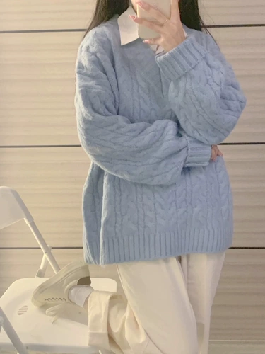 Синий демисезонный трикотажный утепленный свитер, 2023, свободный крой