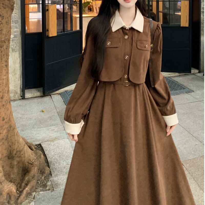 French-Style Polo Collar Corduroy Dress, Autumn and Winter Plus Size, Hepburn Style, Tummy-Concealing, Slimming, Faux Two-Piece Long Dress