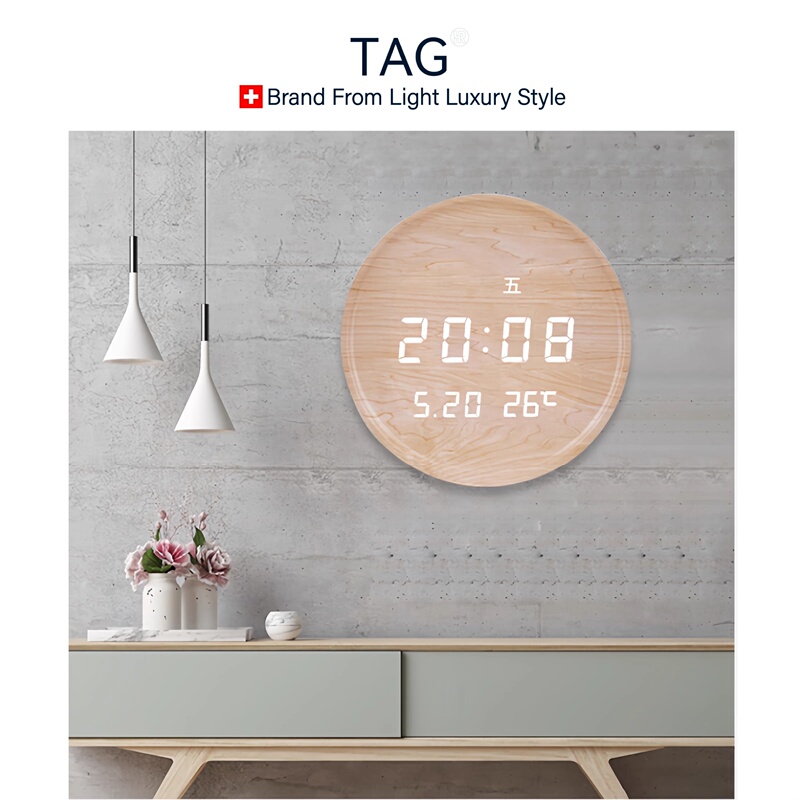 Taghr Swiss Log-Style Wall Clock Wifi Automatic Time Synchronization Wall Clock Living Room Home Fashion Digital Clock