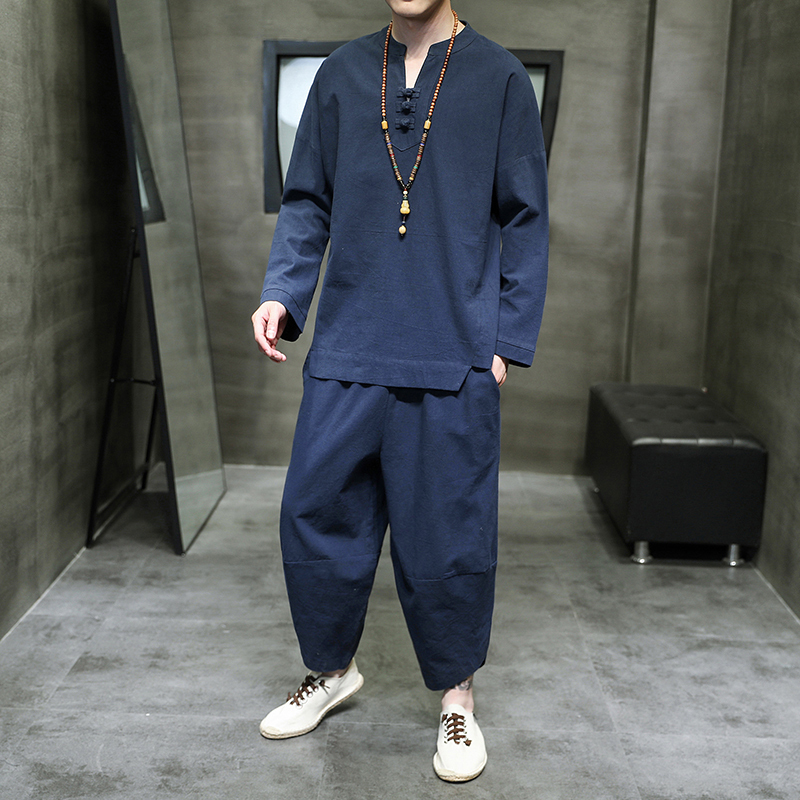 Chinese Style Pajamas Spring and Autumn Thin Cotton and Linen Two-Piece Set Chinese Retro Youth Tang Suit Home Wear Linen Suit
