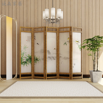 Solid wood porch ink flowers and birds folding screen partition beauty salon living room semi-transparent Georgette mobile folding screen