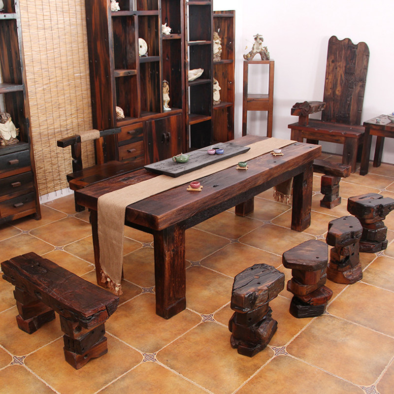 Old ship wooden board tea table and chair combination all solid wood dining table living room kung fu tea table coffee table furniture old ship wooden table