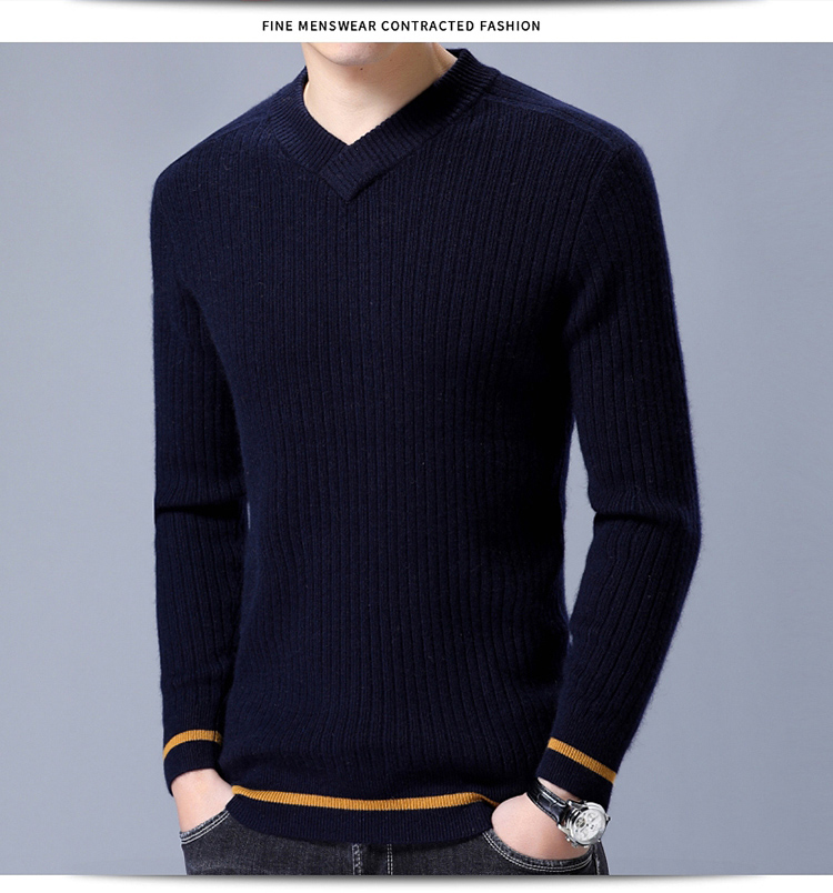 Áo len cashmere mới của nam giới Ordos dày áo len cổ chữ V trung niên áo len màu trung tính cỡ lớn áo da nam cao cấp