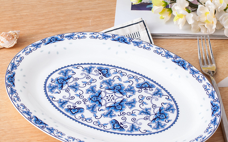 Steamed fish dishes of jingdezhen ceramic contracted ltd. green flower oval Chinese large fish plate of the new home