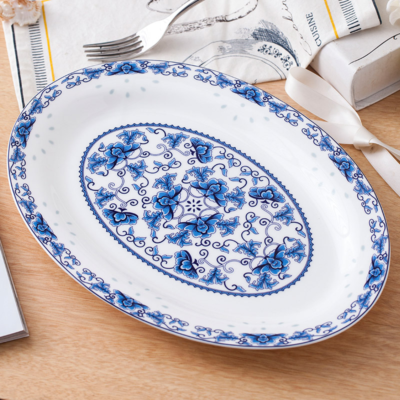 Steamed fish dishes of jingdezhen ceramic contracted ltd. green flower oval Chinese large fish plate of the new home