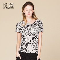 Summer new real silk printed short sleeve woman T-shirt slut collar with undershirt mulberry silk knit loose big code womens clothing blouse