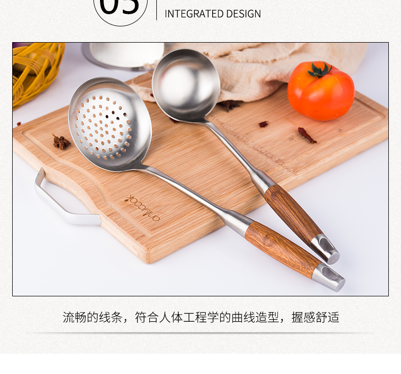Bộ dụng cụ nhà bếp Onlycook Bộ dụng cụ nấu ăn bằng thép không gỉ 304 Bộ 5 cái xẻng muỗng đầy bộ thìa khuấy xẻng tay cầm bằng gỗ chảo chống dính elmich