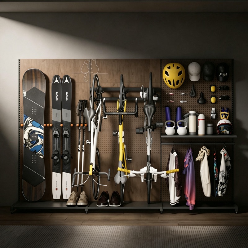 Equipment Wall with Wood Grain Perforated Board, Bicycle Equipment Rack, Floor-Standing, Nail-Free, Outdoor Camping, Snow Equipment Wall