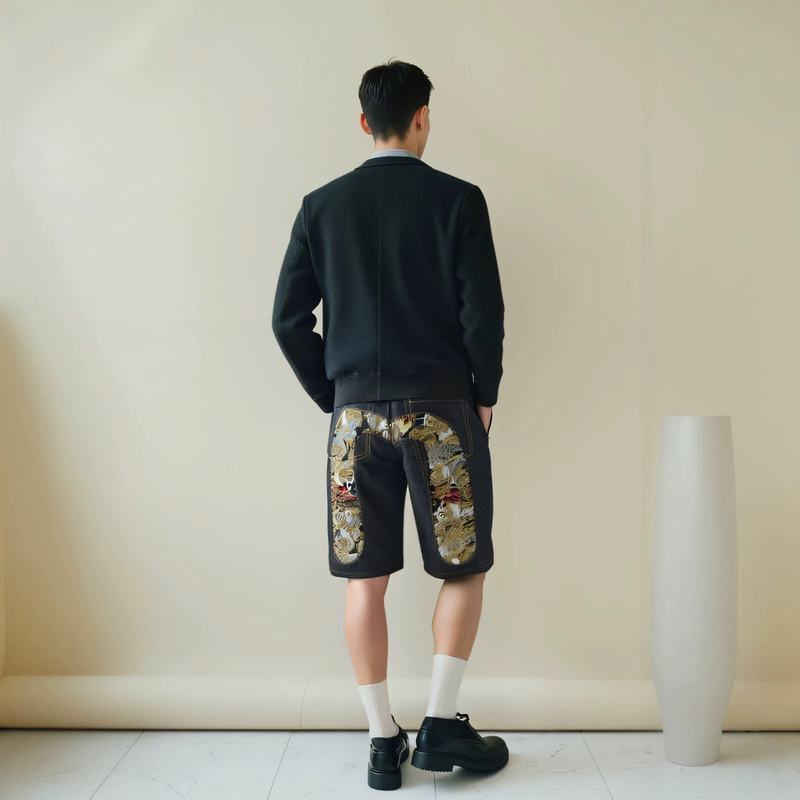 Cherry Blossom Big m Embroidered Denim Shorts for Men Camouflage ins Trendy Zipper m Mid-Length Pants Summer Guanxi Pants Fuyi Shenmian