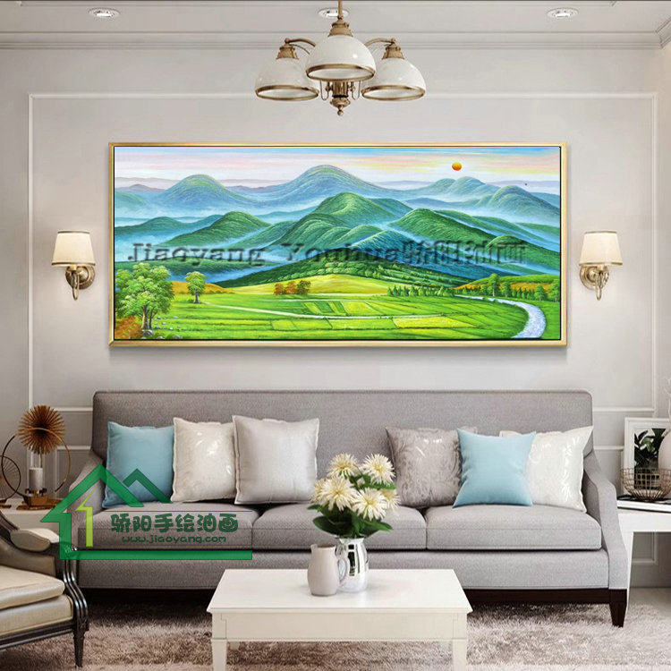 纯手绘绿山无水山油画太阳风景抽象挂画旭日东升风水靠山装饰画-淘宝网 