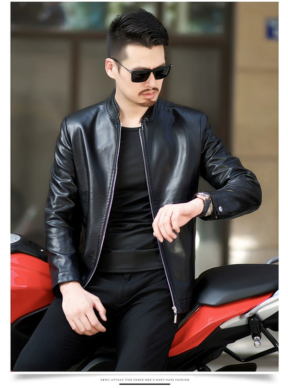 New Playboy leather nam Phiên bản Hàn Quốc của cổ áo da nam trung niên áo khoác mỏng mùa thu và quần áo mùa đông áo cardigan nam