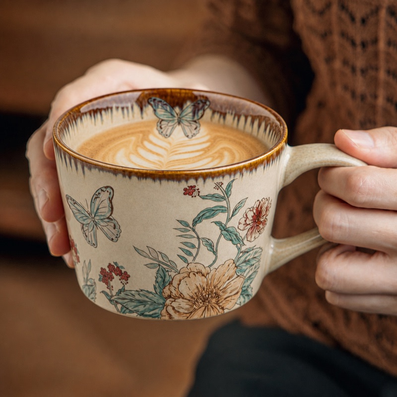 Retro and Beautiful Coffee Cup, Ceramic Mug, Water Cup, Women's Personal Cup, High-End and Exquisite Latte Cup Ob