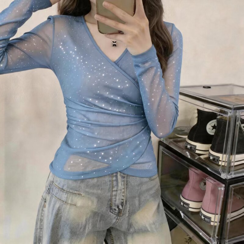 Breathable Summer New Design Irregular Sequined Slim-Fit Thin Sun-Protective Long-Sleeve T-Shirt for Women, Shiny and Slimming Top