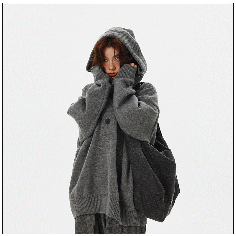 Dameng Island American Retro Lazy Style Half-Cardigan Button-Up Hooded Sweater Unisex Loose Couple Knitwear Jacket