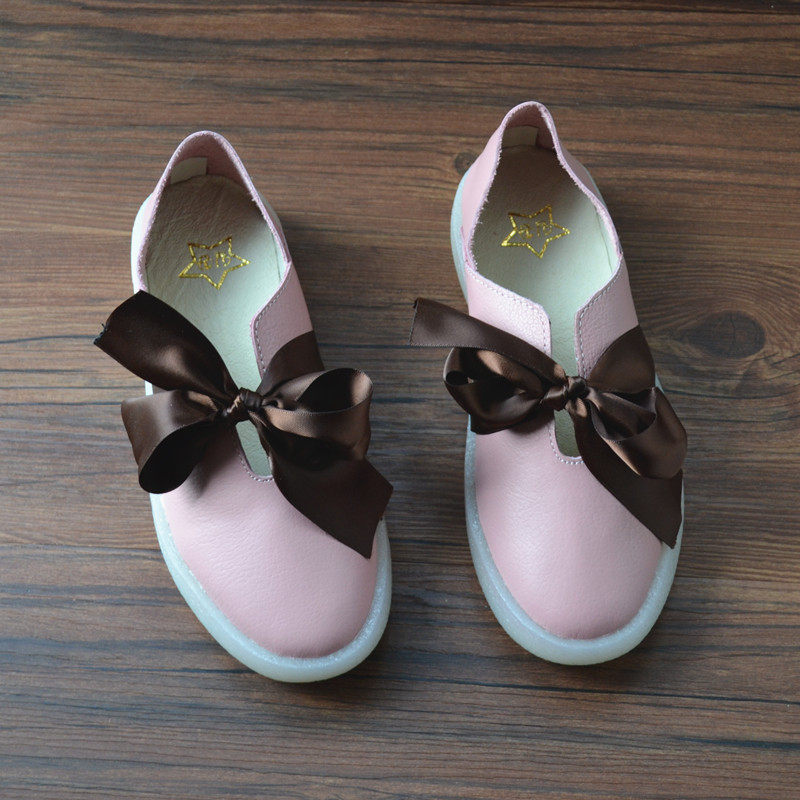 Leather Ribbon Bowknot Transparent Soft Sole Single Shoes Women's Casual Princess Wind Small Leather Shoes Foreign Trade Original Single Spring and Autumn New Style