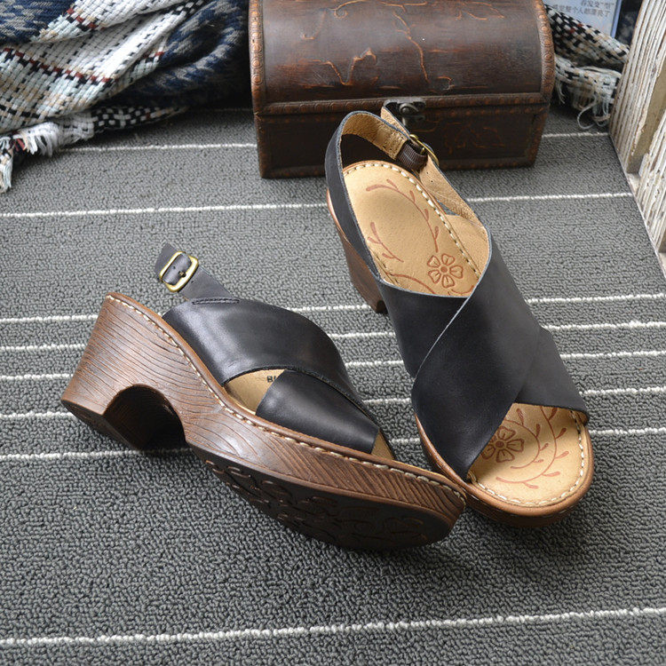 Summer retro European and American style leather thick high-heeled sandals cowhide pure leather brand simple all-match women's shoes foreign trade tail goods