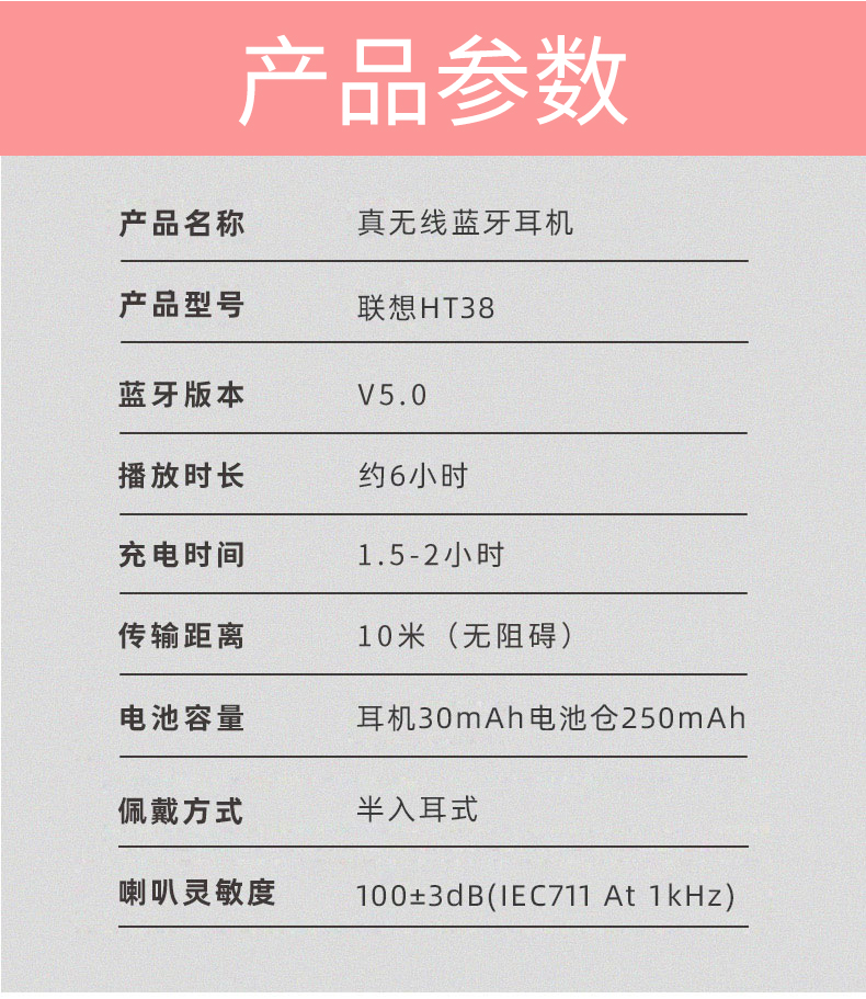 联想 HT38 半入耳式无线蓝牙耳机 蓝牙5.0连接 券后39元包邮 买手党-买手聚集的地方