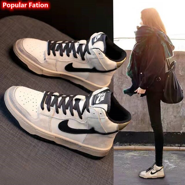 ເກີບໜັງແທ້ຍອດນິຍົມ Air Force One breathable ແລະ versatile high-top flat sneakers trendy shoes new soft-soled aj white shoes for women