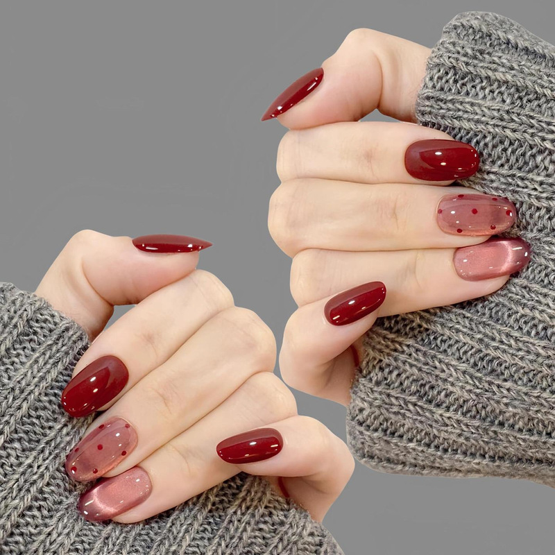 New Year Cherry-Colored Cat-Eye Handmade Press-On Nails, Premium Short Red Polka Dot Oval Christmas Nail Art That Makes Skin Look Fairer