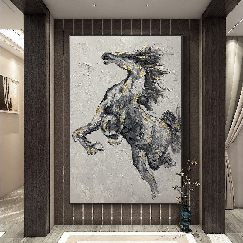 Pure hand-painted oil painting new Chinese-style animal hanging painting vertical version classical horse decorative painting black and white gray gold foil mural study