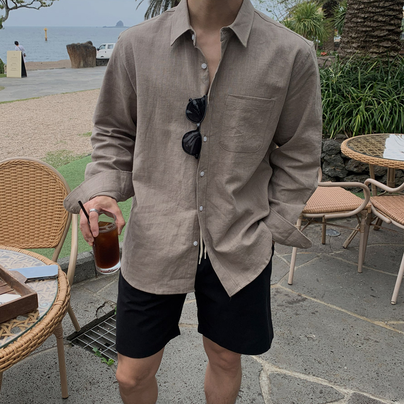 Ssumenam'Old Money Style Relaxed Feel' Khaki Linen Long Sleeve Shirt for Men, Summer Korean Style Thin Shirt Ssumenam'Old Money Style Relaxed Feel' Khaki Linen Long Sleeve Shirt for Men, Summer Korean Style Thin Shirt