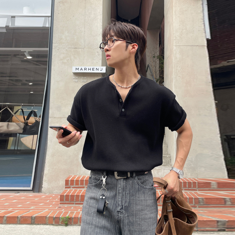 Ssumenam'Quiet Luxury Style Henry Collar' Black Short-Sleeve T-Shirt for Men, Summer Loose Fit, High-End Casual Versatile