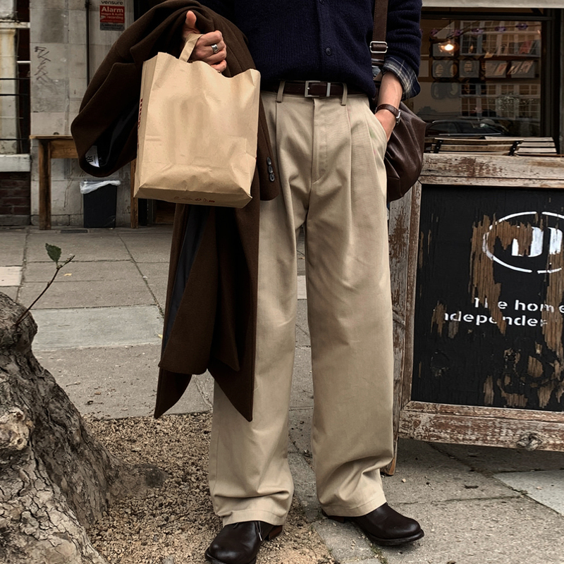 Ssumenam「Old Money Style High Quality」Khaki Straight-Leg Casual Pants for Men, Spring Loose-Fitting Versatile Long Pants