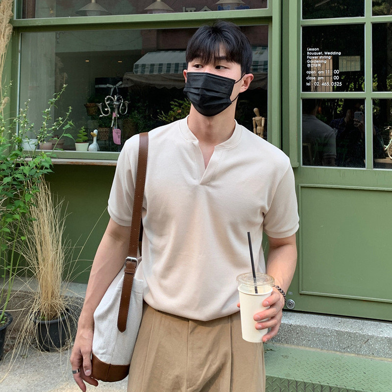 SSUMENAM「高品質ヘンリーシャツ」Vネック半袖夏韓国風トレンディシンプル半袖Tシャツ