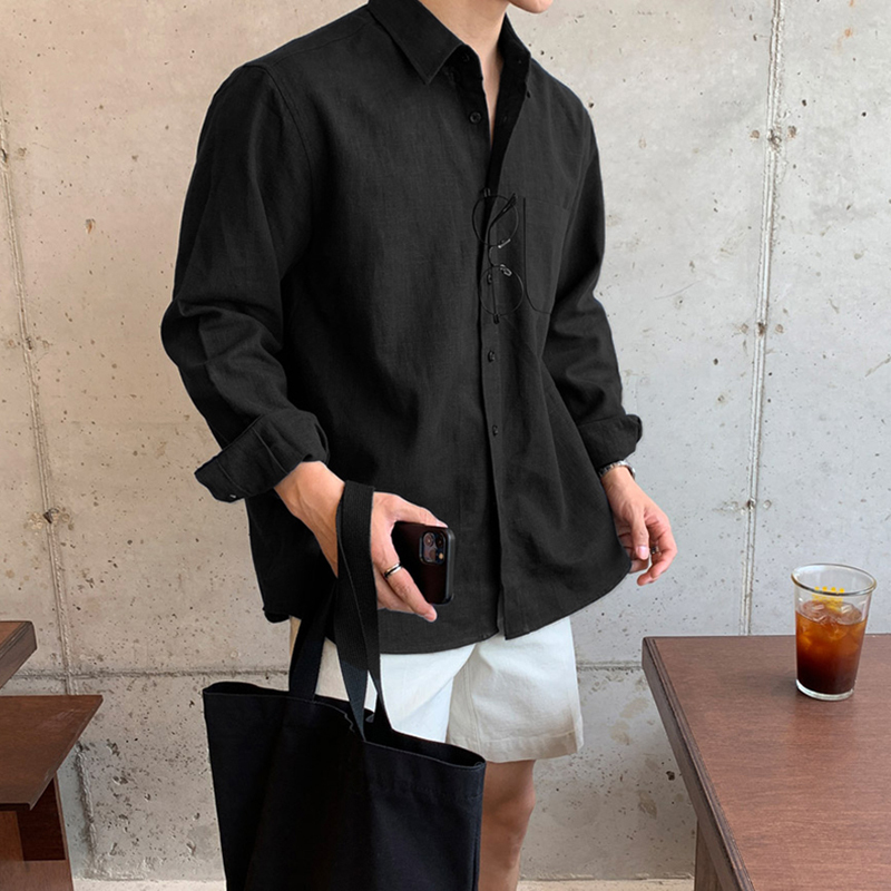 Ssumenam Black Shirt for Men, Summer Korean Style, Solid Color, Loose Fit, Versatile Shirt, Hong Kong Style Trendy Casual Top