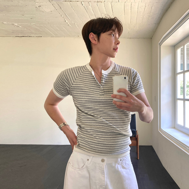 Ssumenam'Henry Collar Minimalist Style' Striped Short-Sleeve T-Shirt for Men, Summer Korean Style, Breathable, Color-Block, Slim Fit