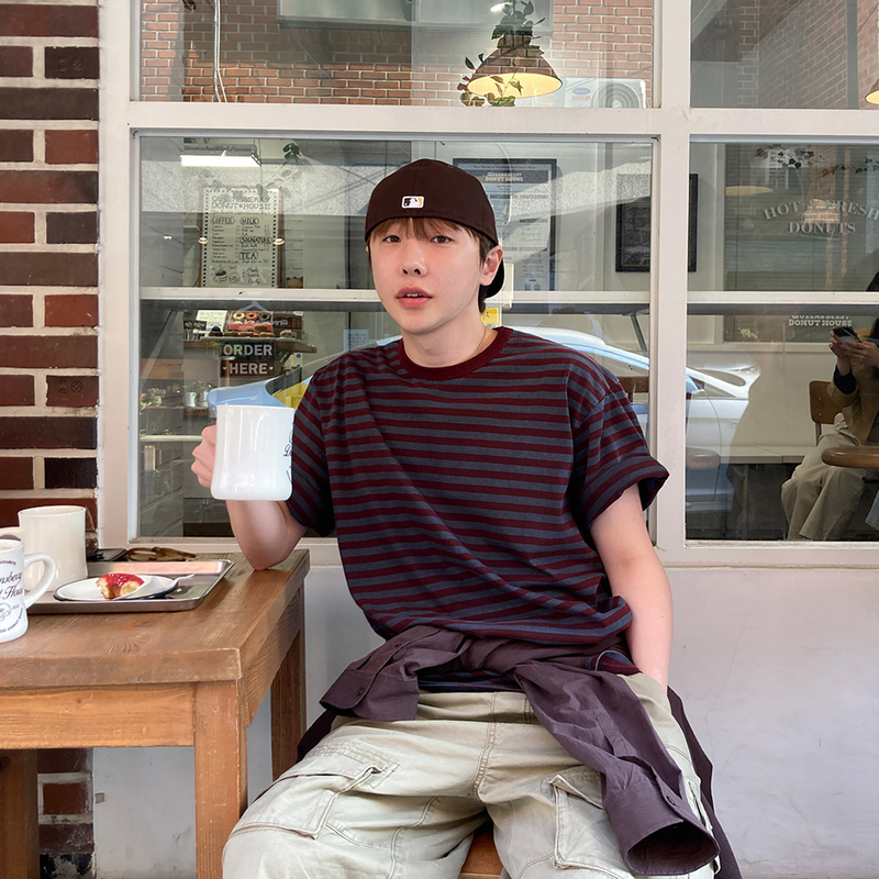 Ssumenam「Minimalist Color-Block Horizontal Stripes」300G Heavyweight Short-Sleeve T-Shirt for Men, Loose Half-Sleeve Top