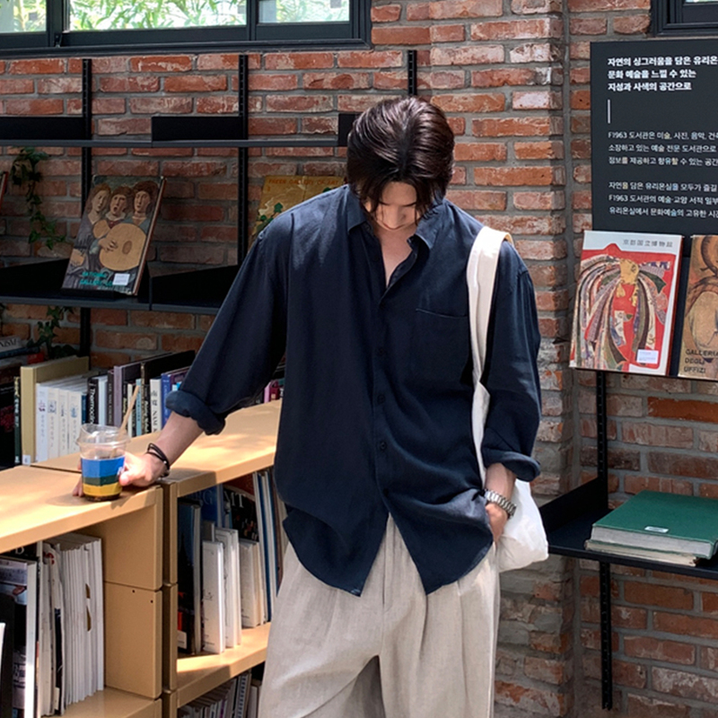 Ssumenam「Tencel Linen Minimalist Style」Long-Sleeved Shirt for Men Spring Korean Style Casual Shirt