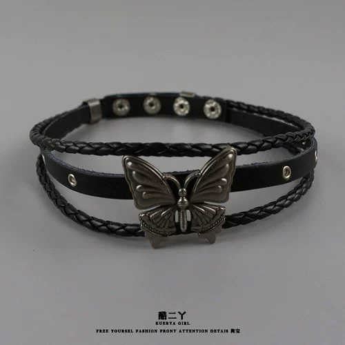 Темное кожаное двухслойное колье-колье в стиле бабочки Сибуя в стиле панк-рок, ретро-горячее ожерелье для девочек y2k, субкультура