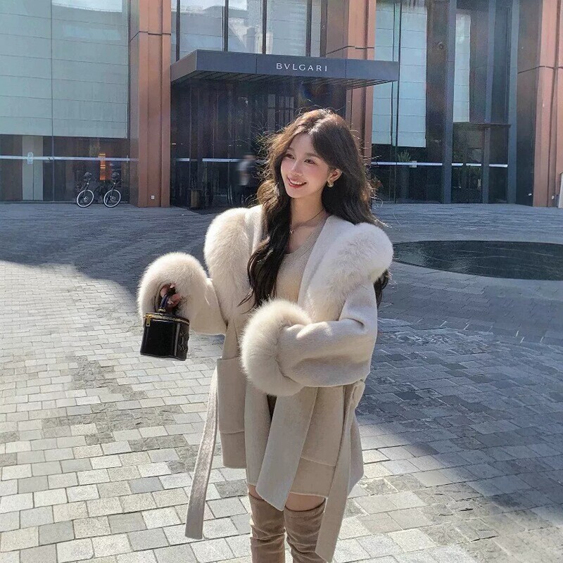 Extra Large Fox Fur Collar Double-Sided Cashmere Coat for Women 2026 Winter New Hooded Fur Woolen Coat
