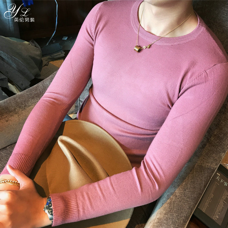 Hàn Quốc màu rắn cổ tròn áo thun dài tay áo len nam áo sơ mi Anh phong cách Hồng Kông giản dị phiên bản Hàn Quốc của áo đan đáy áo len nam