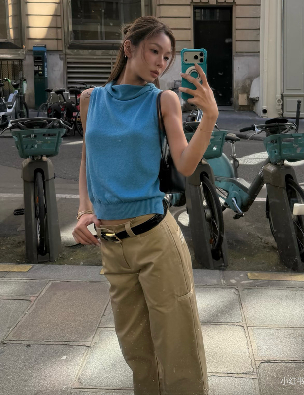 Blogger Nana's Same Style Songtag Blue Skin-Friendly Breathable Cashmere Cotton Drapey Half-High Collar Knitted Vest