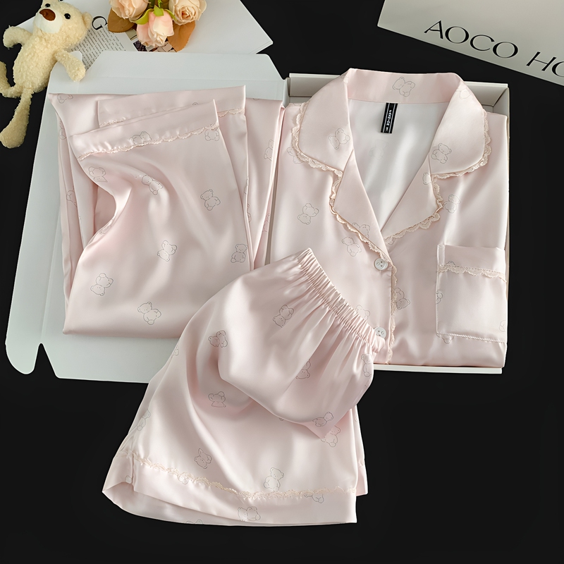 This Year's Popular Hot-Selling Women's Summer Ice Silk Pajama Set with Chest Pads, High-End Home Wear Three-Piece Set