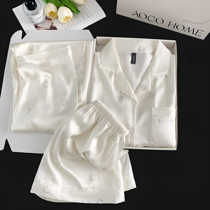 Cooling Ice Silk Pajamas with Chest Pads, Three-Piece Set for Women, Summer Short-Sleeved Shorts, Comfortable and Can Be Worn Outside, Home Wear Set