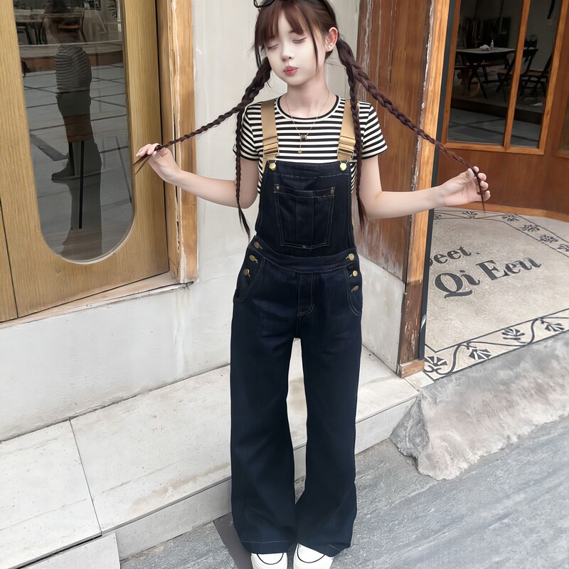 Petite Niche Design Blue Denim Overalls for Women, New Summer Style, Slimming High-Waisted Wide-Leg Straight Pants