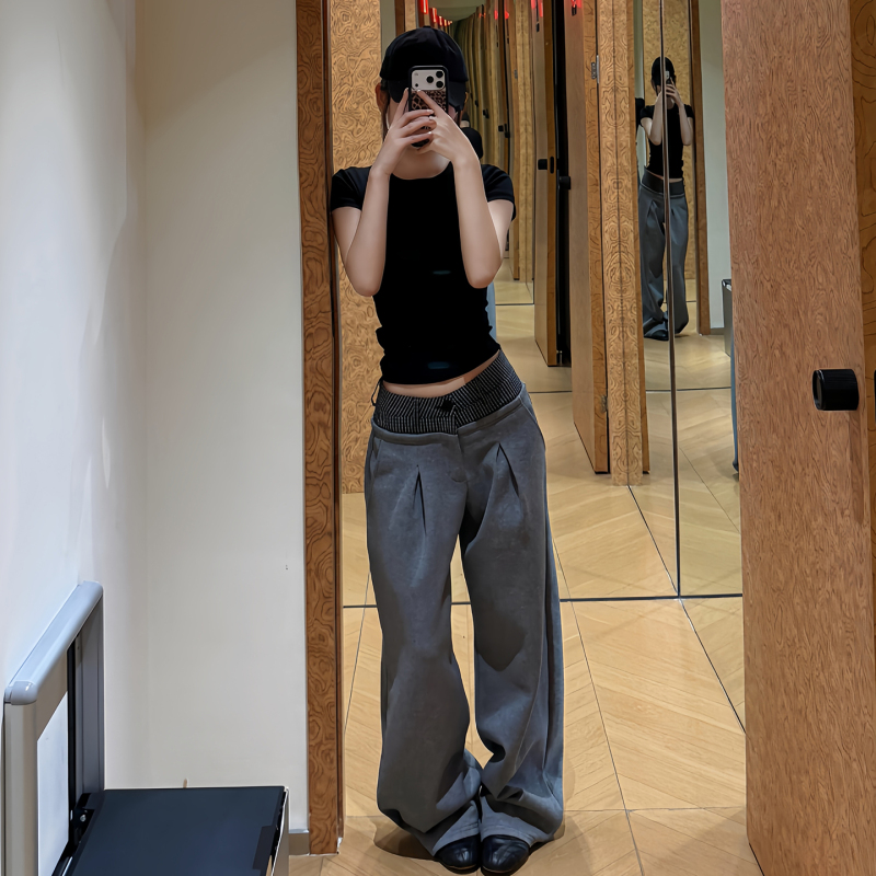 Petite Color-Blocked Faux Two-Piece Plaid High-Waisted Wide-Leg Pants for Women, New Summer Style with a Draping, Lazy Casual Look