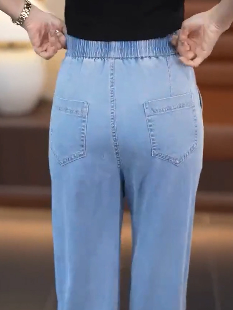 夏季天丝薄款牛仔裤女松紧腰窄版阔腿裤冰丝垂感小个子休闲直筒裤详情6
