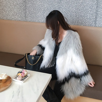  Raccoon hair woven fur coat female mid-length fashion foreign style new fox hair long-sleeved contrast color young model