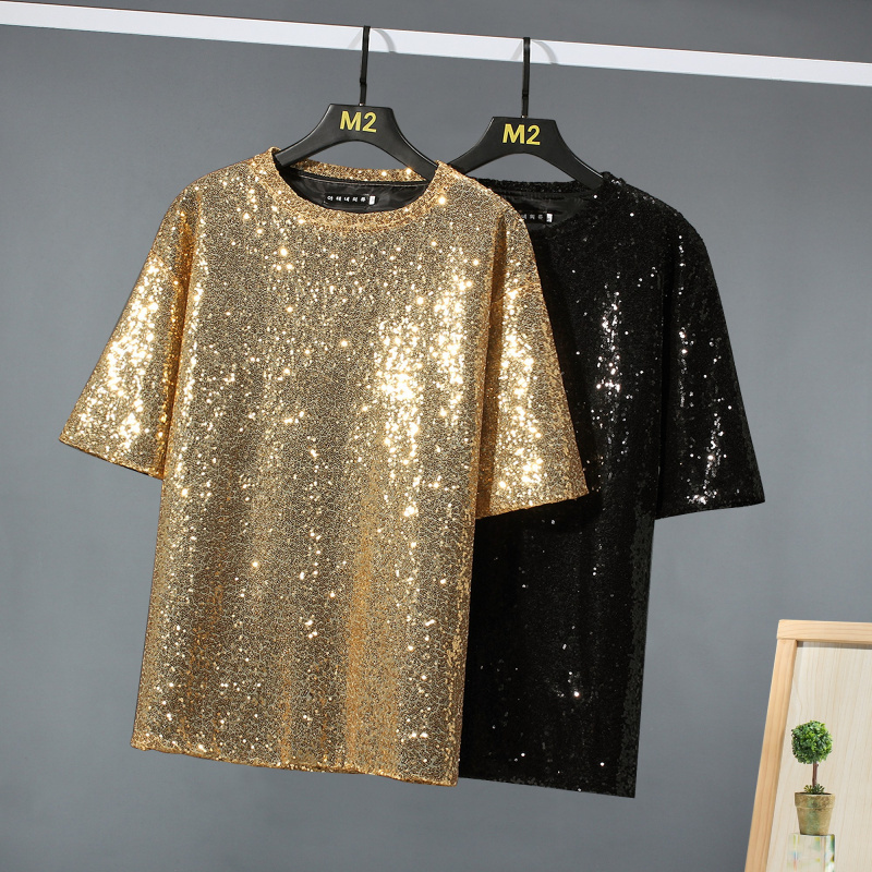 Cheerleading Group Performance Costumes for Men and Women, Gold Sequin Glitter T-Shirt, Party Bling Nightclub Stage Top