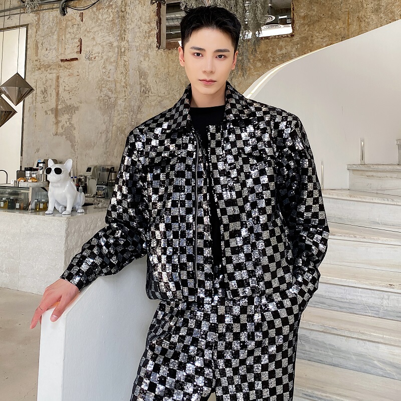 Reflective Shiny Silver Sequin Checkerboard Slim Fit Stylish Lapel Jacket for Male Singers, Evening Performance Coat