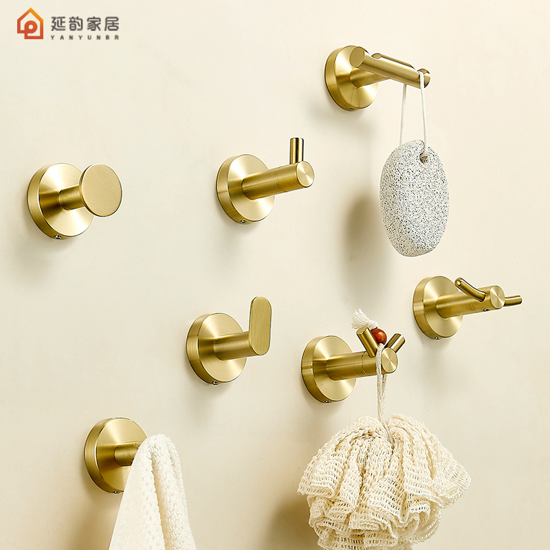 Brushed Gold 304 Stainless Steel Hook Wall-Mounted Clothes Rack Adhesive Clothes Towel Bathroom Wall Adhesive Hook No Drilling Required
