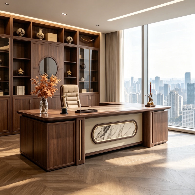 New Chinese-Style Light Luxury Walnut Executive Desk, Modern Minimalist Solid Wood Boss Desk, High-End Office Executive Desk