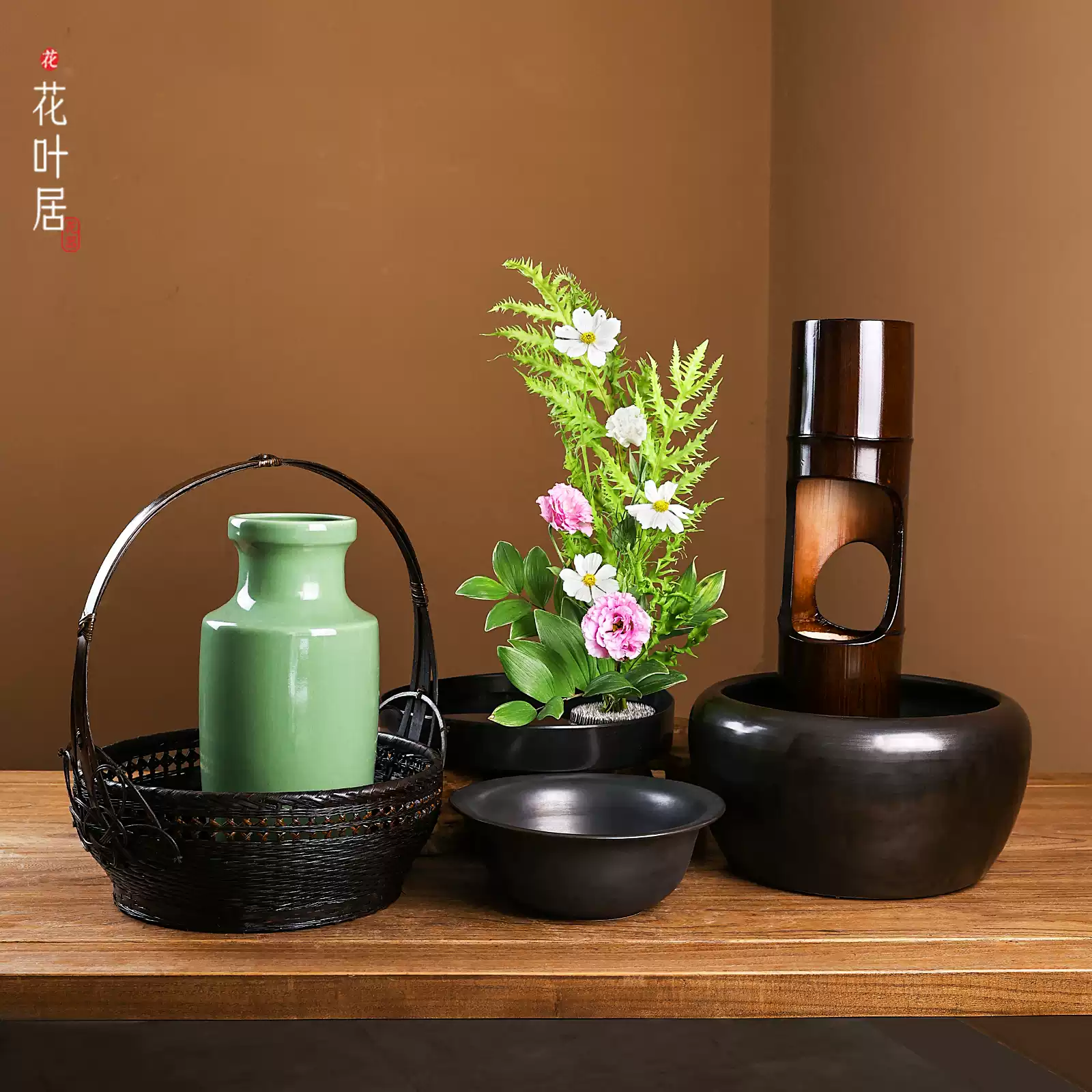 中式陶瓷花器花盤適用於臺灣花藝六大容器國賽專業版竹編插花器皿中式