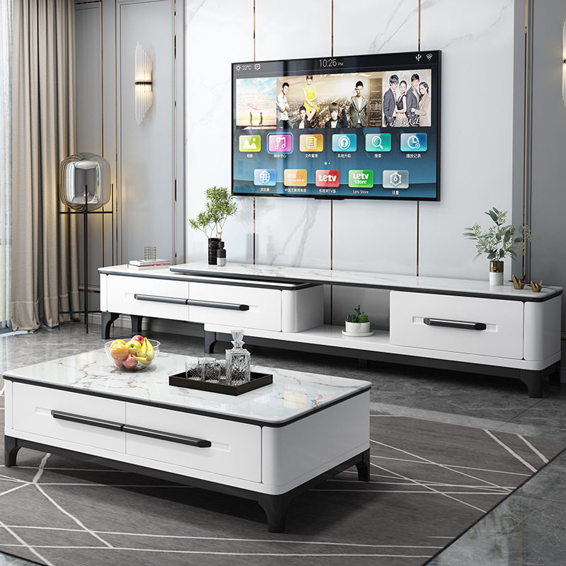 Nordic Marble TV cabinet coffee table combination Modern simple living room light luxury coffee table Solid wood background wall cabinet