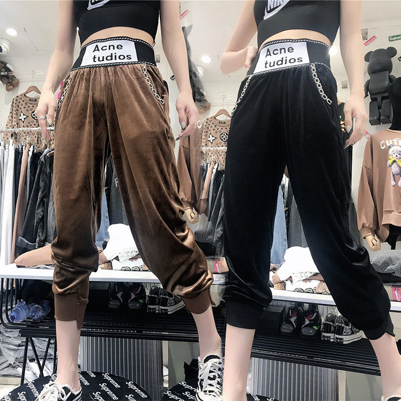 European station 2020 autumn and winter new net red letters high waist corset pants women's loose all-match gold velvet harem pants trend