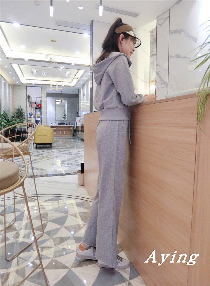 2022 spring new net red temperament hooded sweatshirt fashion wide leg pants loose and thin casual sports suit women